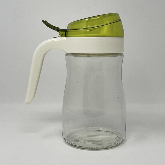 Retro Glass 7" Syrup Dispenser Pourer w Plastic Handle and Flip Top Cover Lid - Picture 5 of 11